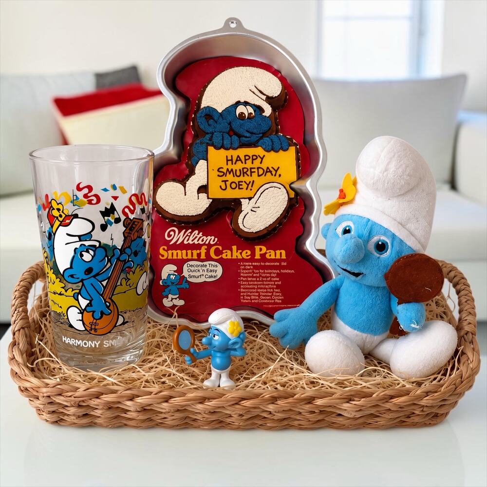 Vintage 1983 Smurfs Lot Cake Pan Glass Vanity Smurf Plush & Figure 80s Set